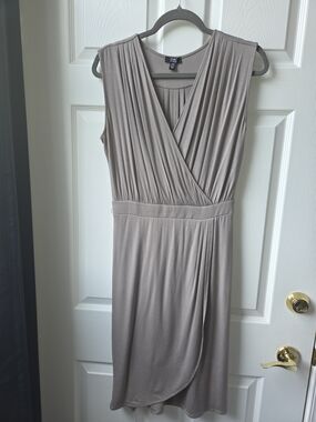Chic Taupe Sleeveless Faux-Wrap Dress with Gathered Waist
